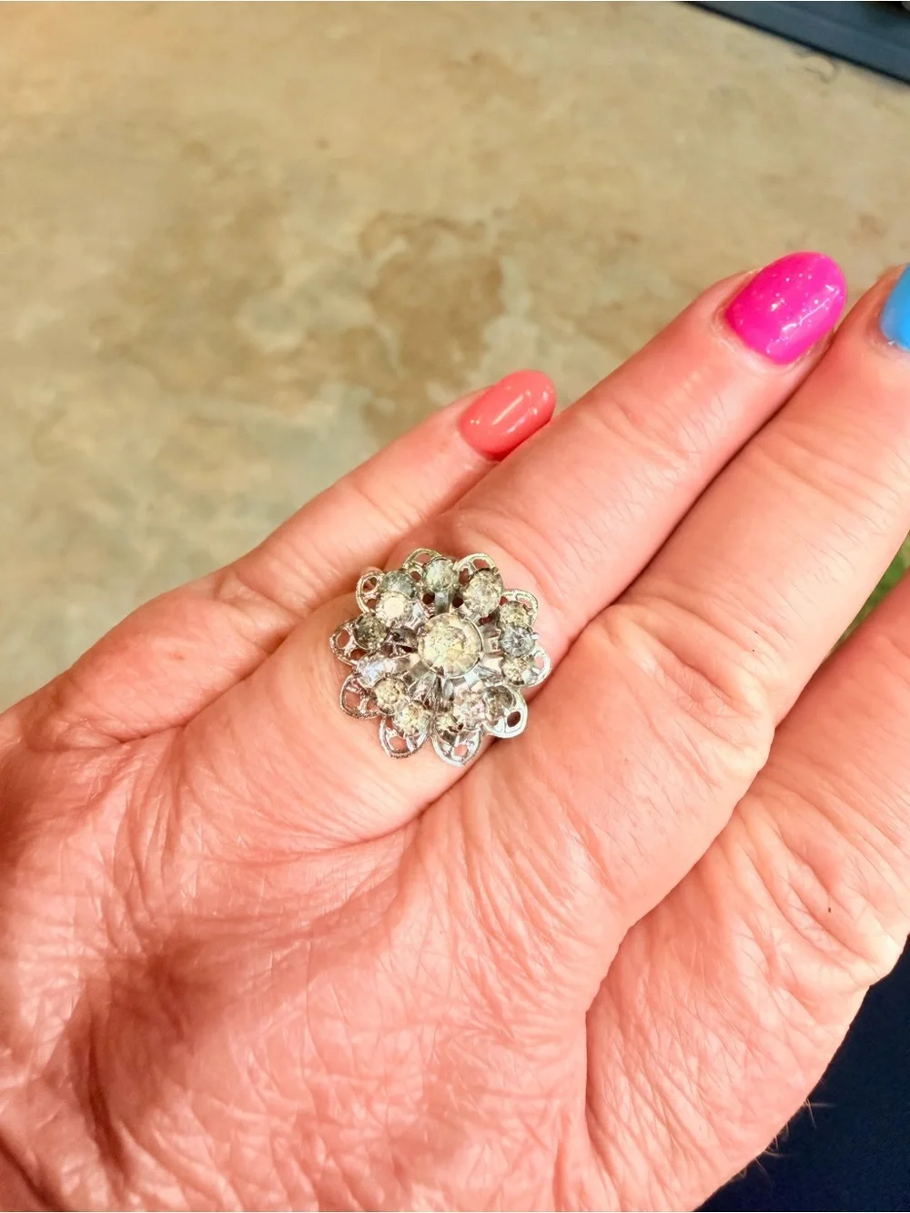 Clear Crystal Floral Cluster Ring in Silver Tone